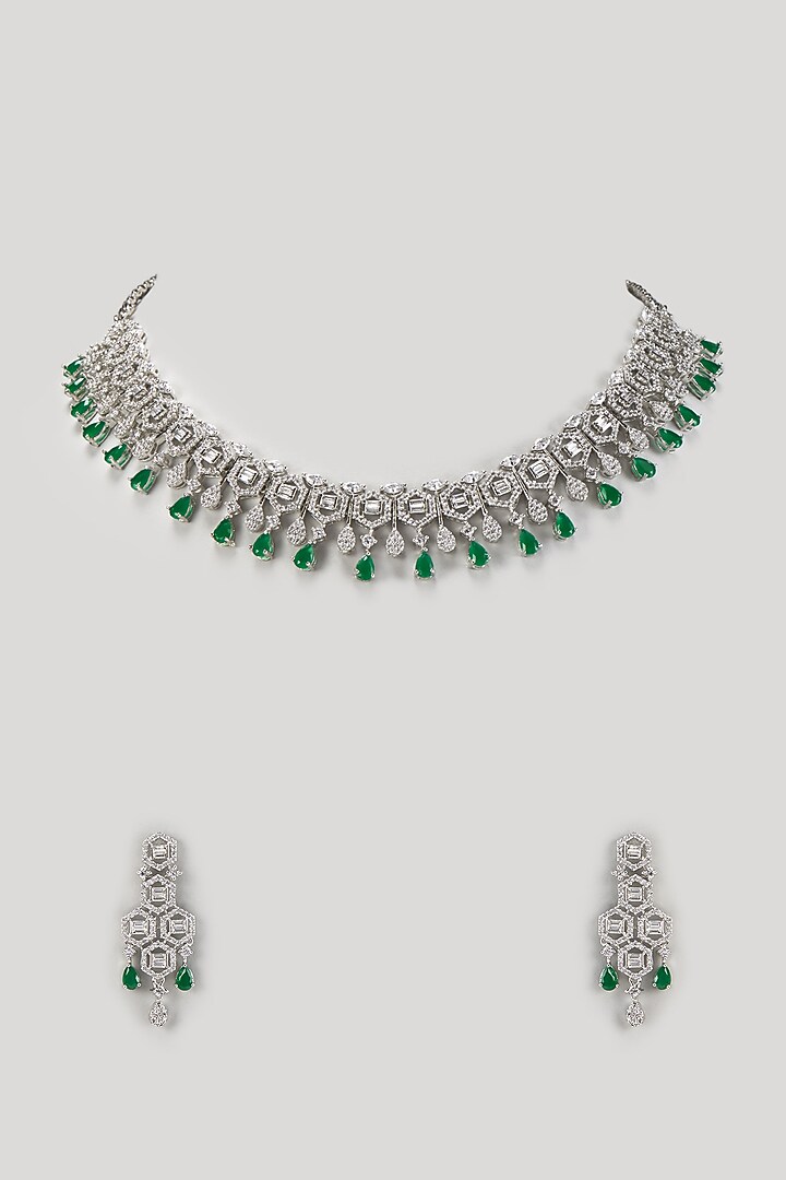 White Finish Zircon & Emerald Stone Necklace Set by Aster at Pernia's Pop Up Shop