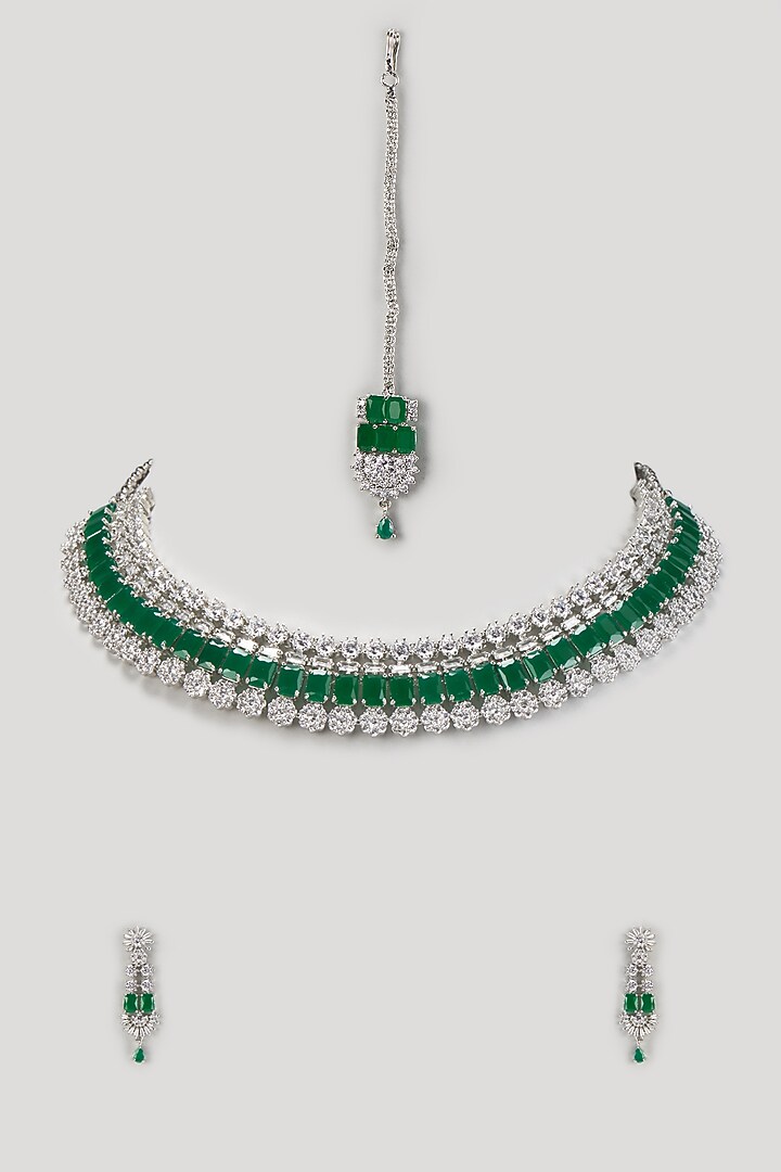 White Finish Zircon & Emerald Stone Necklace Set by Aster at Pernia's Pop Up Shop