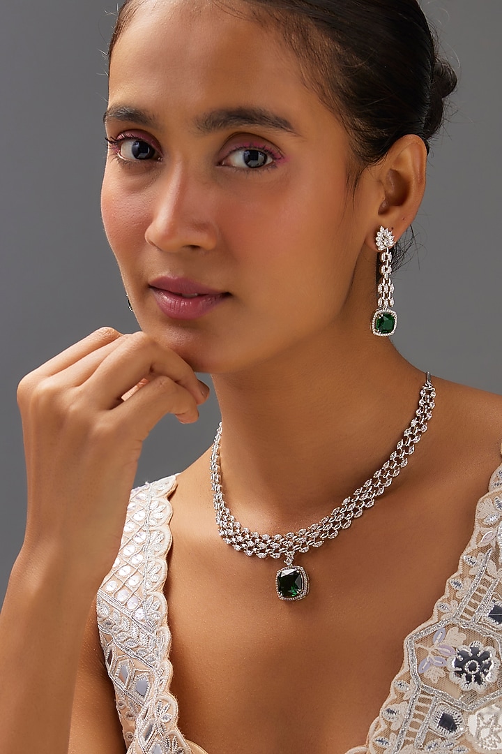 White Finish Zircon & Emerald Stone Necklace Set by Aster at Pernia's Pop Up Shop