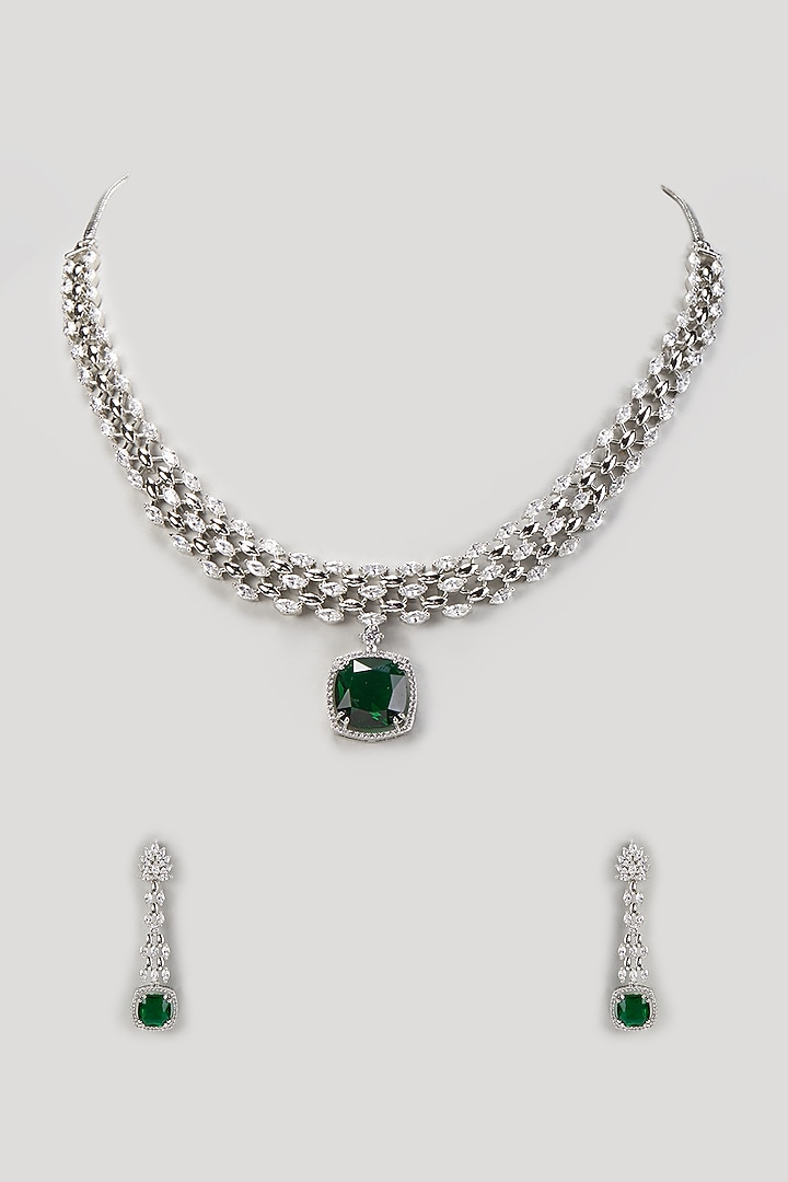 White Finish Zircon & Emerald Stone Necklace Set by Aster at Pernia's Pop Up Shop