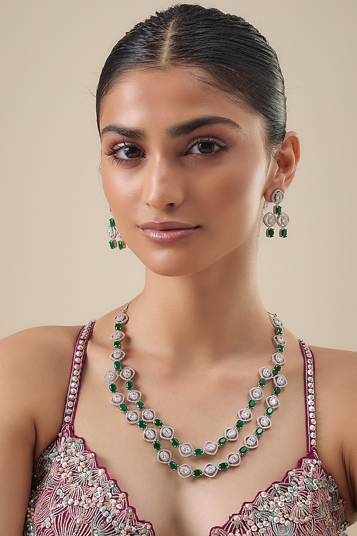 White Finish Zircon & Emerald Stone Necklace Set by Aster at Pernia's Pop Up Shop