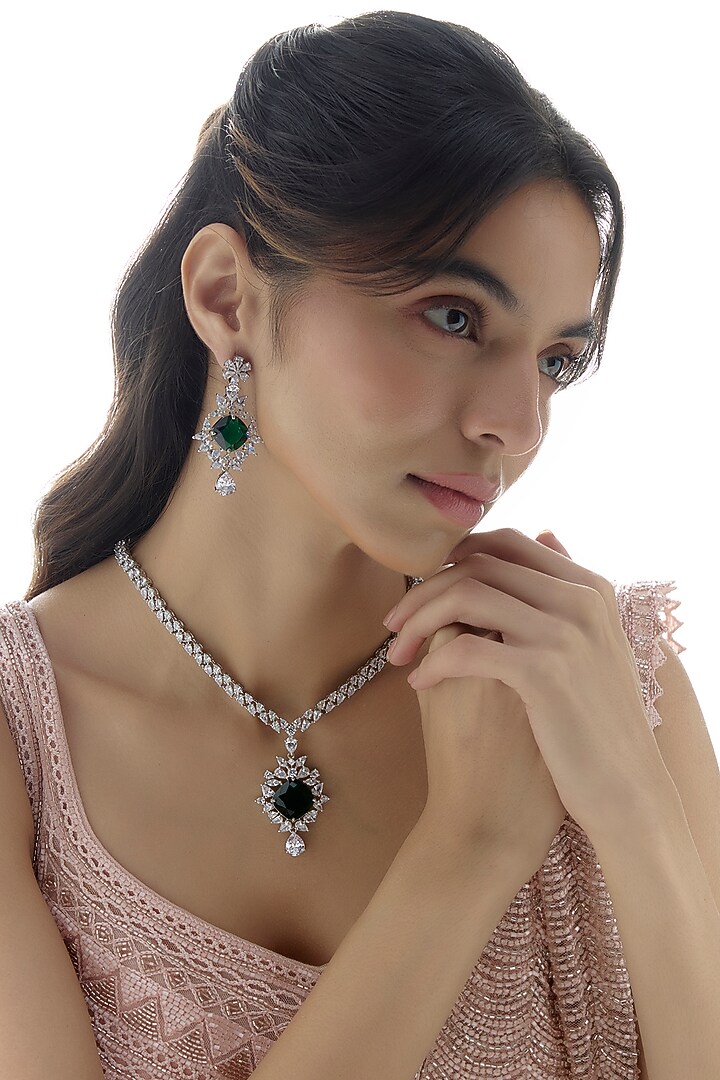 White Finish Emerald Stone Necklace Set by Aster at Pernia's Pop Up Shop