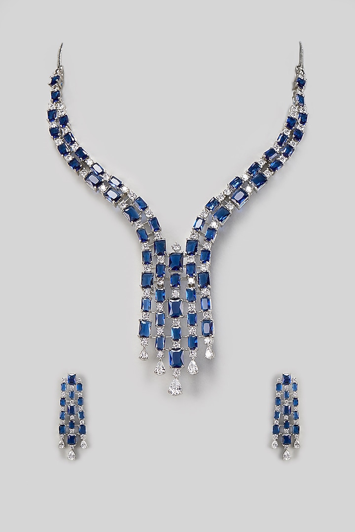 White Finish Zircon & Blue Sapphire Stone Necklace Set by Aster at Pernia's Pop Up Shop