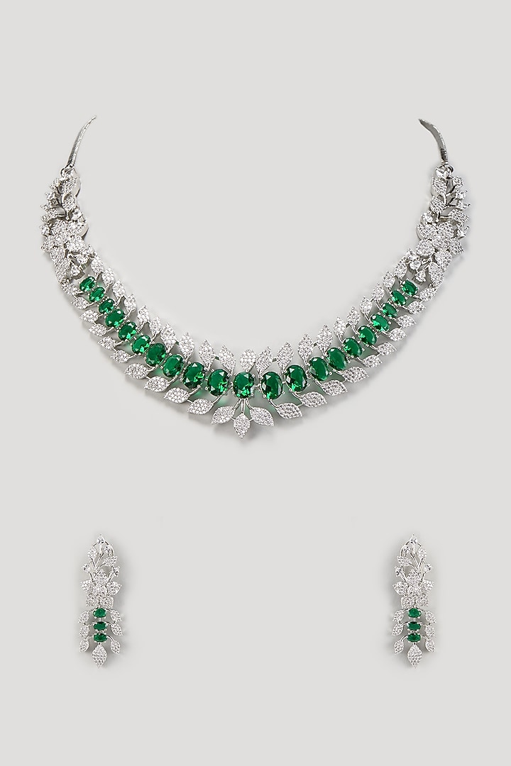 White Finish Zircon & Emerald Stone Necklace Set by Aster at Pernia's Pop Up Shop