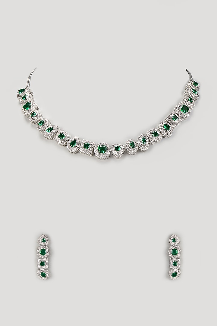 White Finish Zircon & Emerald Stone Necklace Set by Aster at Pernia's Pop Up Shop