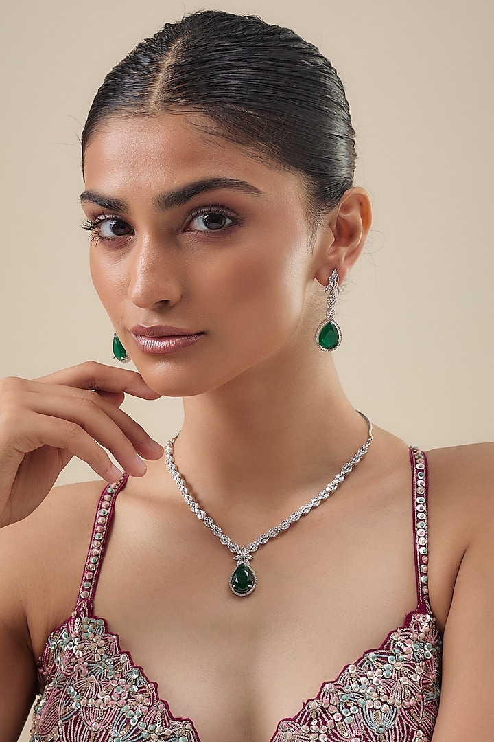 White Finish Zircon & Emerald Stone Necklace Set by Aster at Pernia's Pop Up Shop
