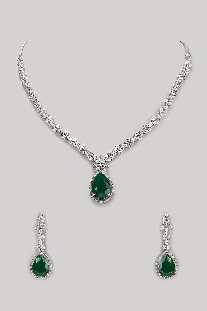 White Finish Zircon & Emerald Stone Necklace Set by Aster at Pernia's Pop Up Shop