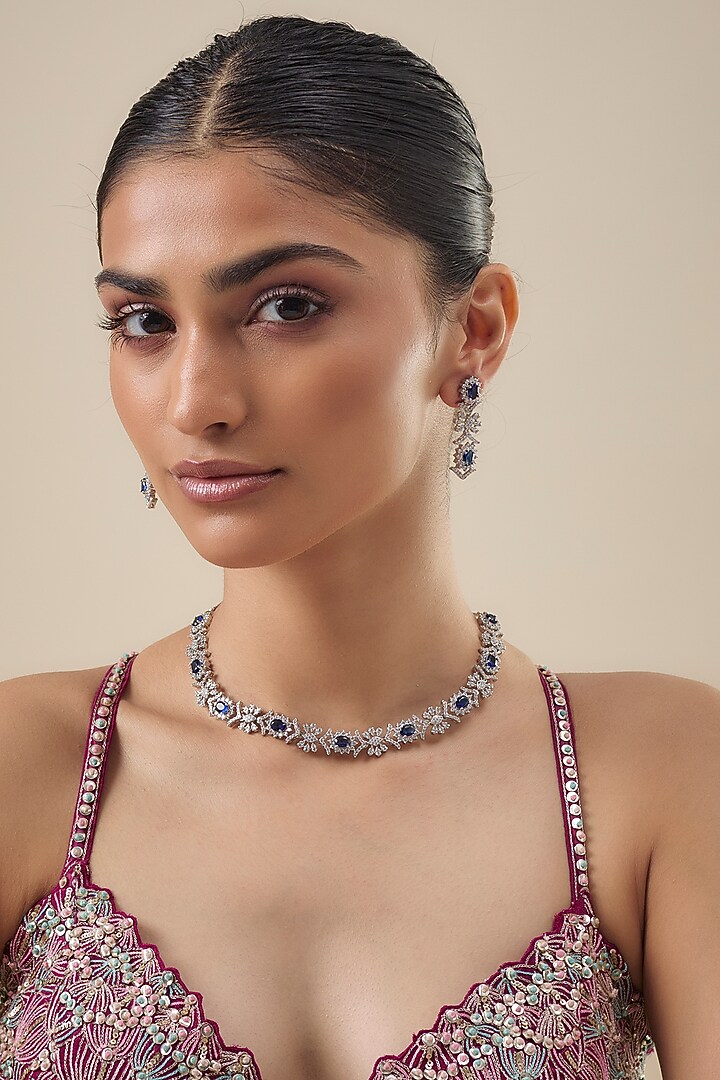 White Finish Zircon & Blue Stone Necklace Set by Aster at Pernia's Pop Up Shop