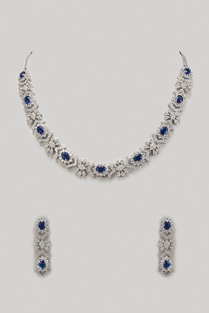 White Finish Zircon & Blue Stone Necklace Set by Aster at Pernia's Pop Up Shop
