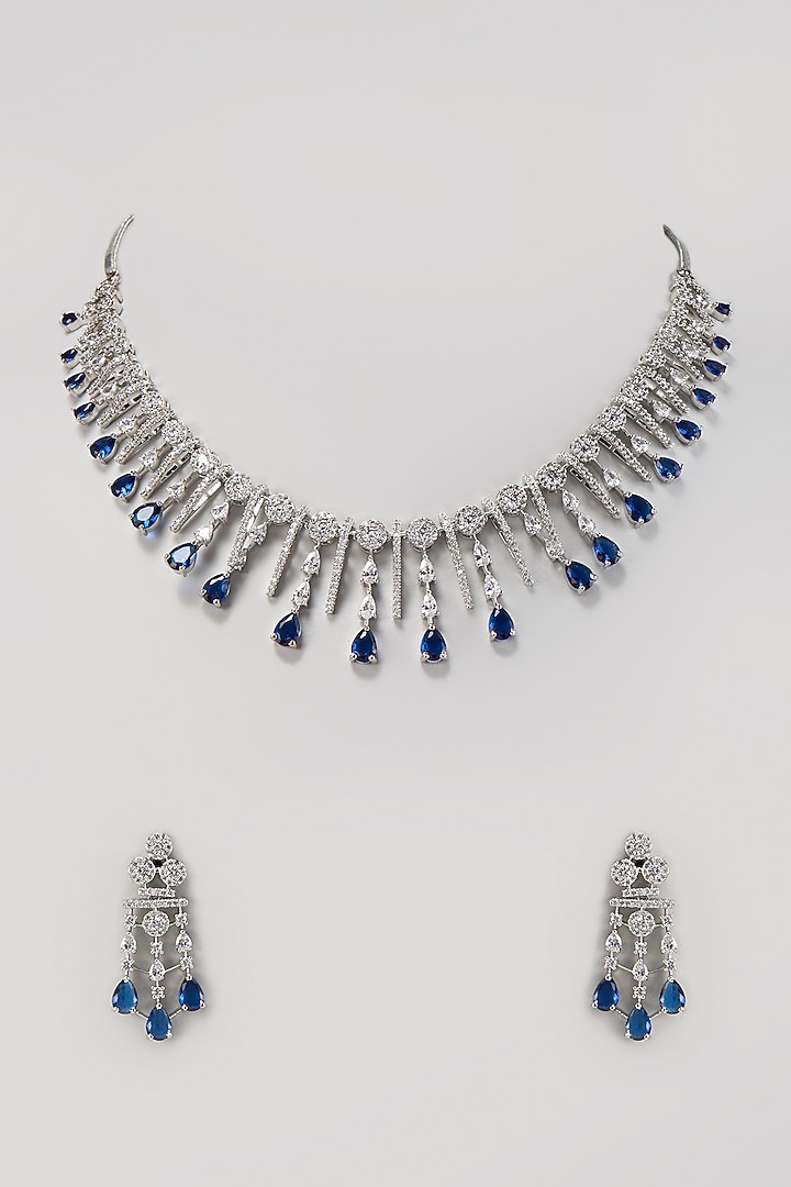 White Finish Zircon & Blue Sapphire Stone Necklace Set by Aster at Pernia's Pop Up Shop