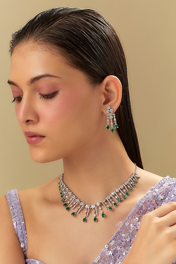 White Finish Zircon & Emerald Stone Necklace Set by Aster at Pernia's Pop Up Shop
