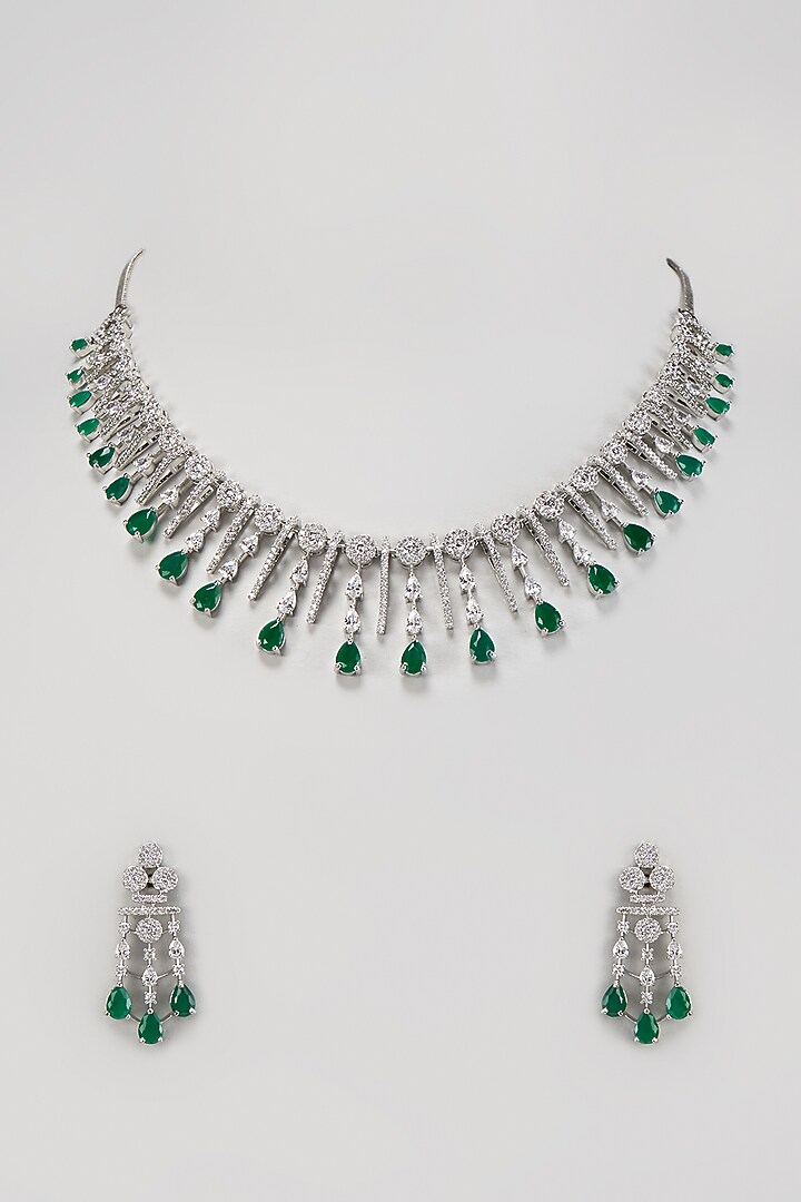 White Finish Zircon & Emerald Stone Necklace Set by Aster at Pernia's Pop Up Shop