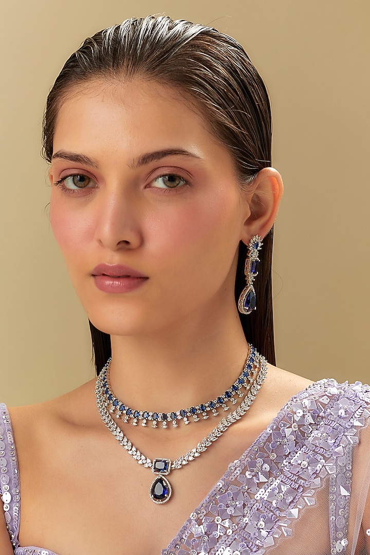 White Finish Zircon & Blue Sapphire Stone Necklace Set by Aster at Pernia's Pop Up Shop