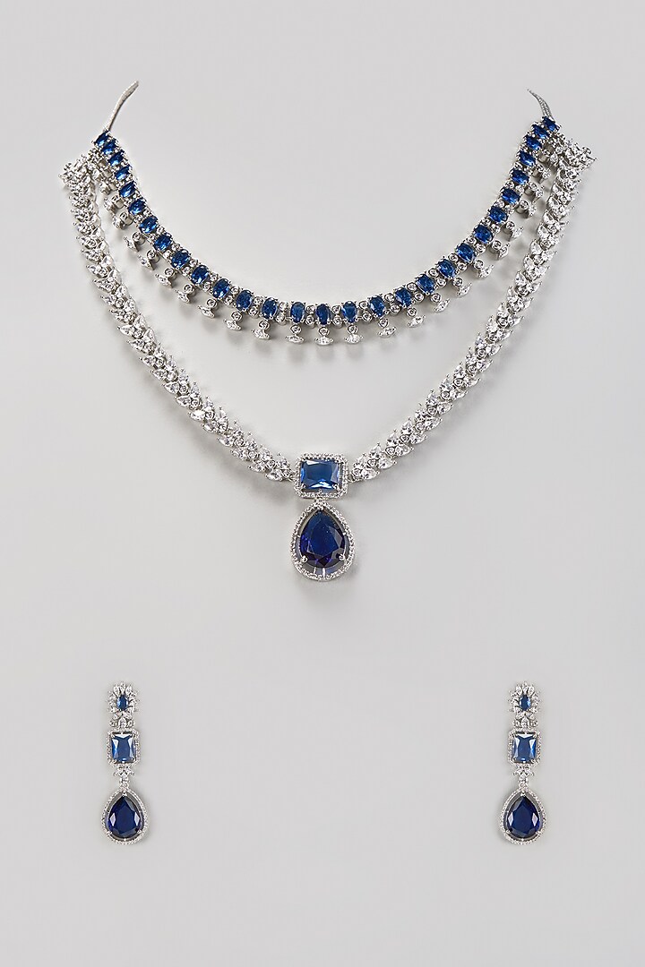 White Finish Zircon & Blue Sapphire Stone Necklace Set by Aster at Pernia's Pop Up Shop
