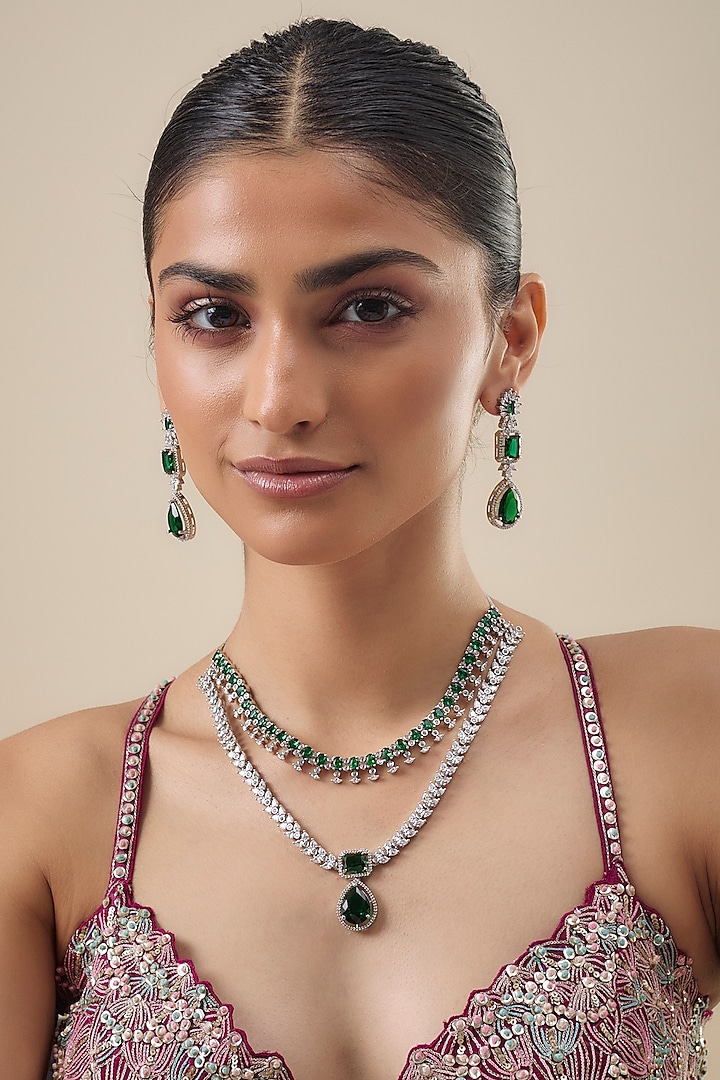 White Finish Zircon & Emerald Stone Necklace Set by Aster at Pernia's Pop Up Shop