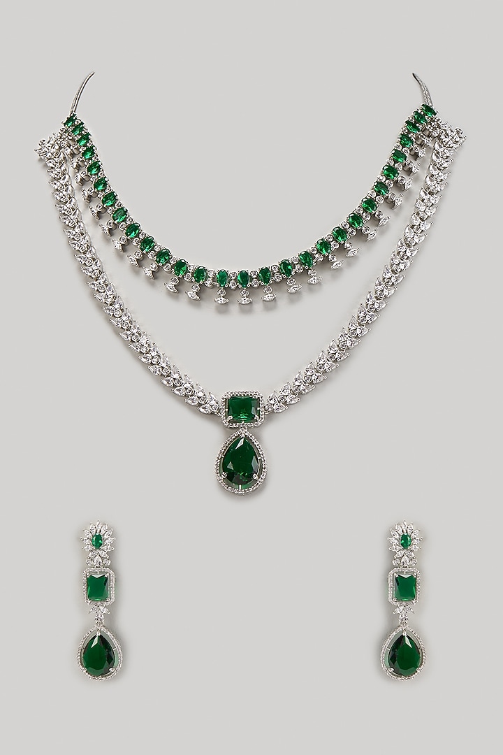 White Finish Zircon & Emerald Stone Necklace Set by Aster at Pernia's Pop Up Shop