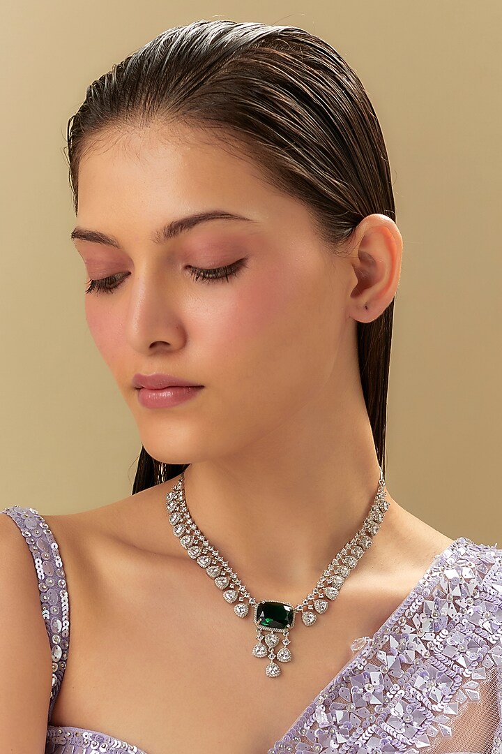 White Finish Zircon & Emerald Stone Necklace Set by Aster at Pernia's Pop Up Shop