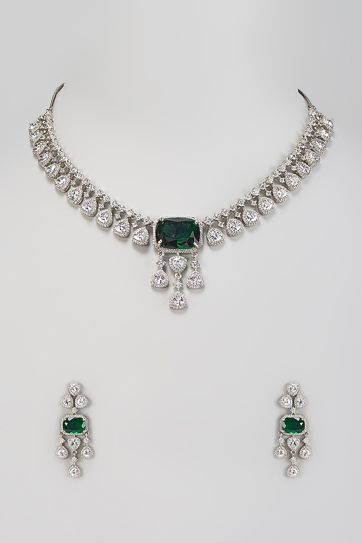 White Finish Zircon & Emerald Stone Necklace Set by Aster at Pernia's Pop Up Shop