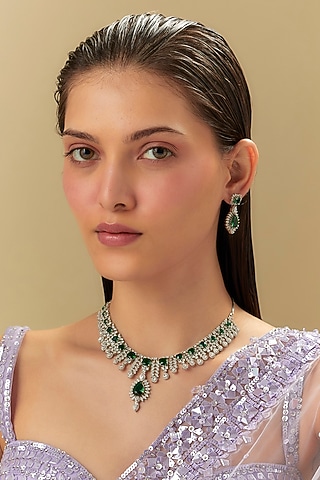 White Finish Zircon & Emerald Stone Necklace Set by Aster