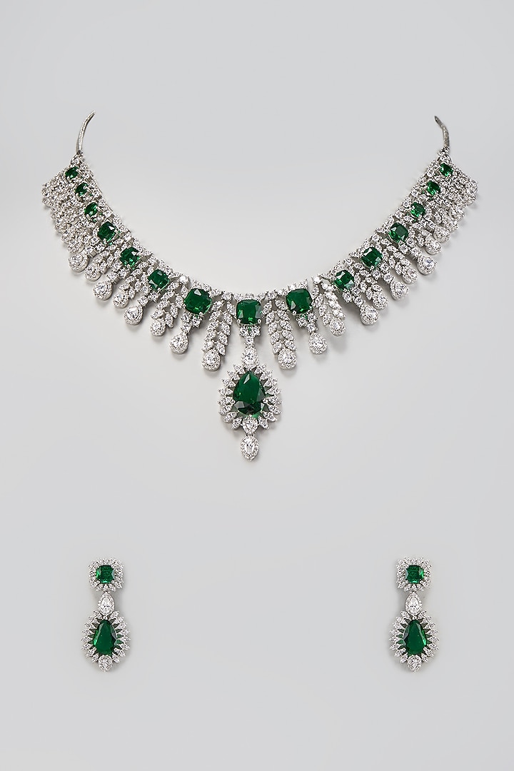 White Finish Zircon & Emerald Stone Necklace Set by Aster at Pernia's Pop Up Shop