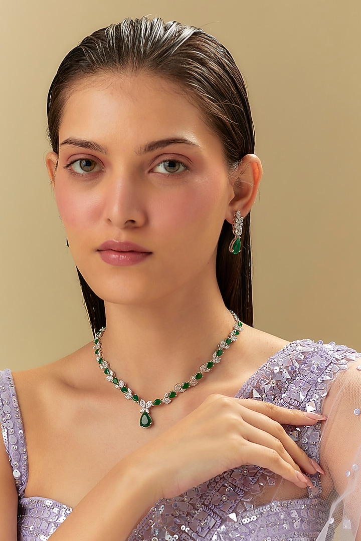 White Finish Zircon & Emerald Stone Necklace Set by Aster at Pernia's Pop Up Shop