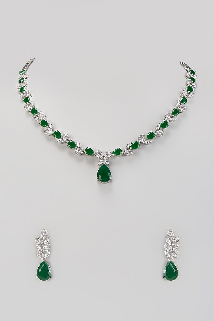 White Finish Zircon & Emerald Stone Necklace Set by Aster at Pernia's Pop Up Shop