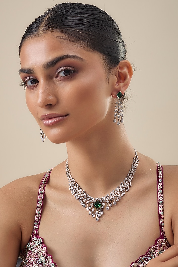 White Finish Zircon & Emerald Stone Necklace Set by Aster at Pernia's Pop Up Shop