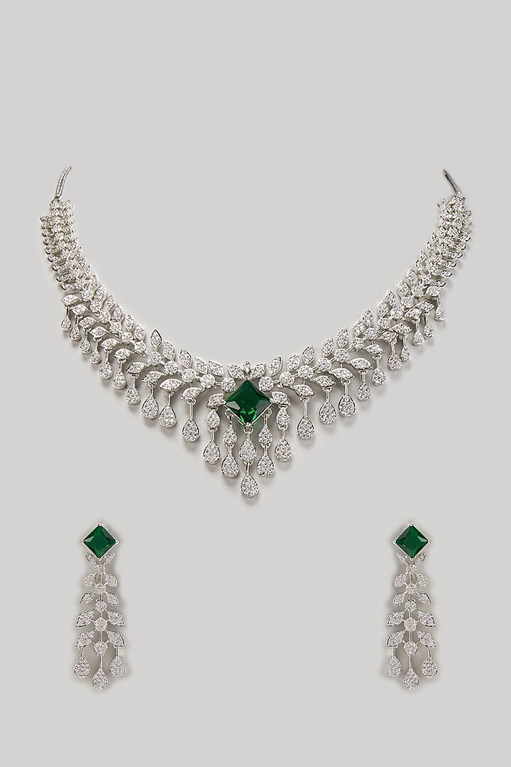 White Finish Zircon & Emerald Stone Necklace Set by Aster at Pernia's Pop Up Shop