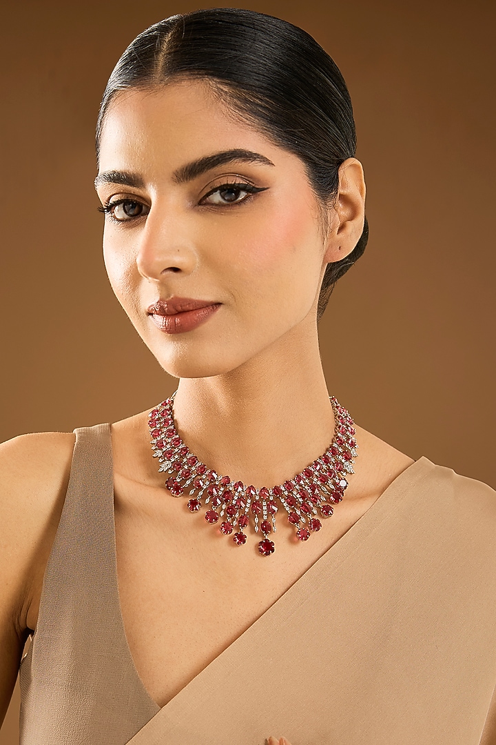 White Finish Pink Synthetic Stone Necklace by Aster at Pernia's Pop Up Shop