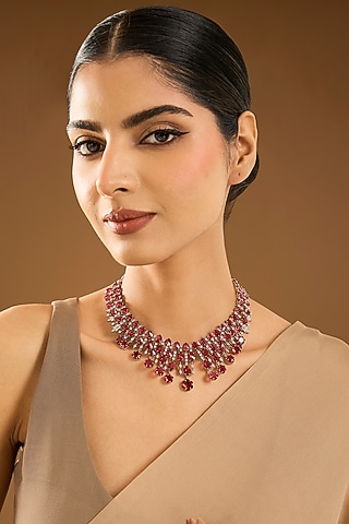 White Finish Pink Synthetic Stone Necklace by Aster