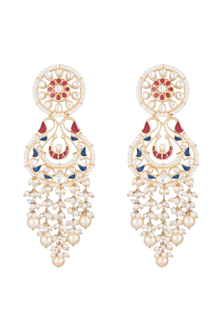 Gold Finish Enamled Faux Pearl & Kundan Earrings by Aster at Pernia's Pop Up Shop