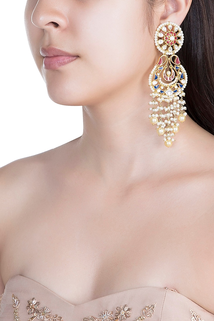 Gold Finish Enamled Faux Pearl & Kundan Earrings by Aster at Pernia's Pop Up Shop