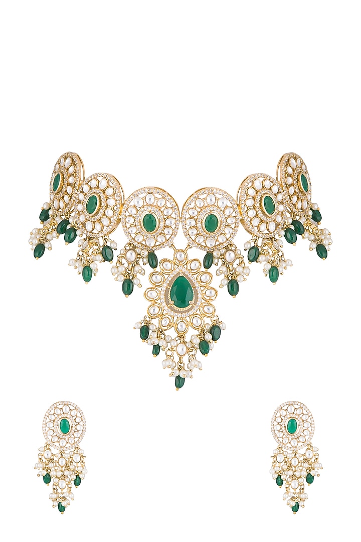 Gold Finish Faux Pearl, Diamond, Green Stone & Kundan Necklace by Aster at Pernia's Pop Up Shop
