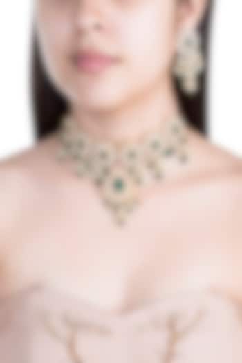 Gold Finish Faux Pearl, Diamond, Green Stone & Kundan Necklace by Aster at Pernia's Pop Up Shop