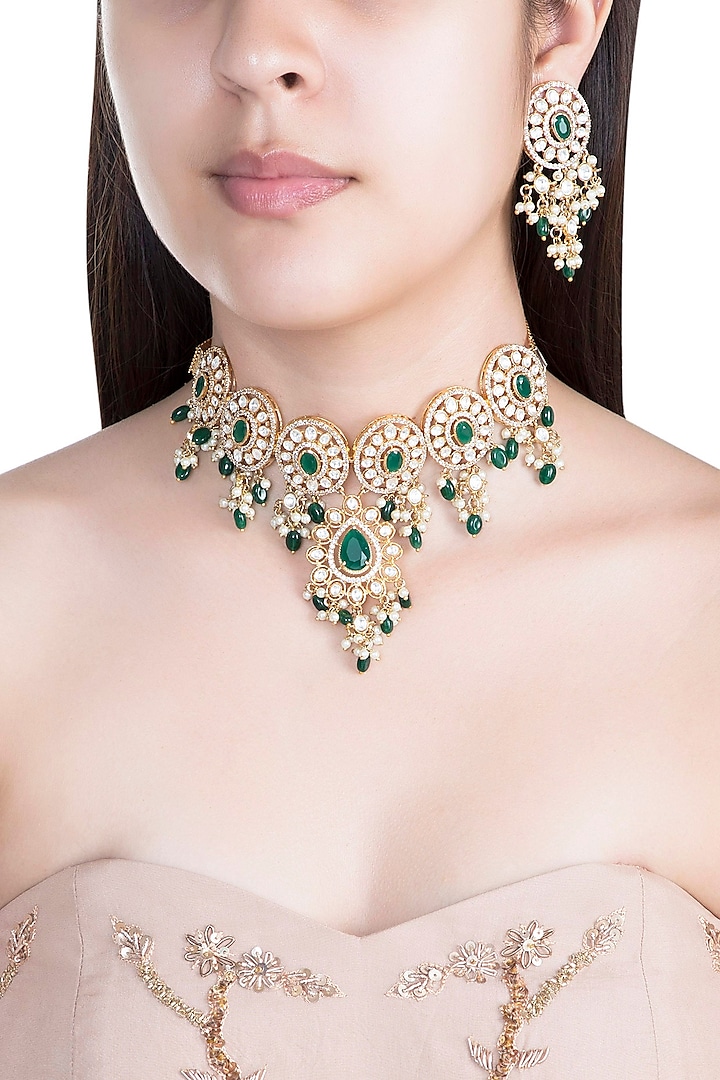 Gold Finish Faux Pearl, Diamond, Green Stone & Kundan Necklace by Aster