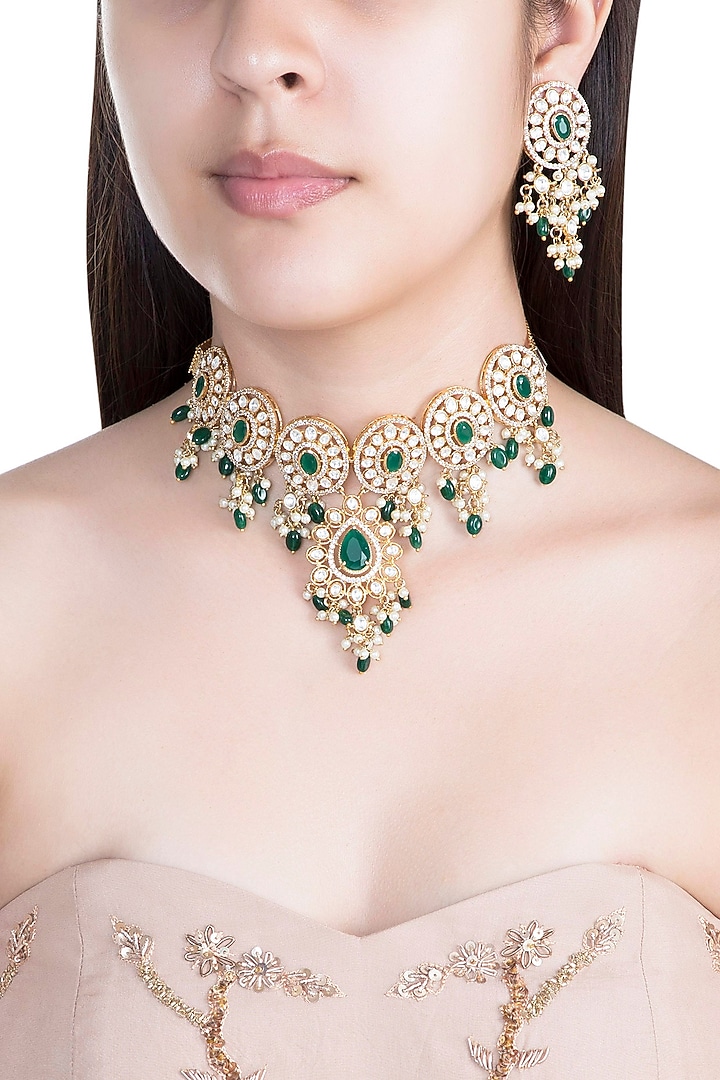 Gold Finish Faux Pearl, Diamond, Green Stone & Kundan Necklace by Aster at Pernia's Pop Up Shop