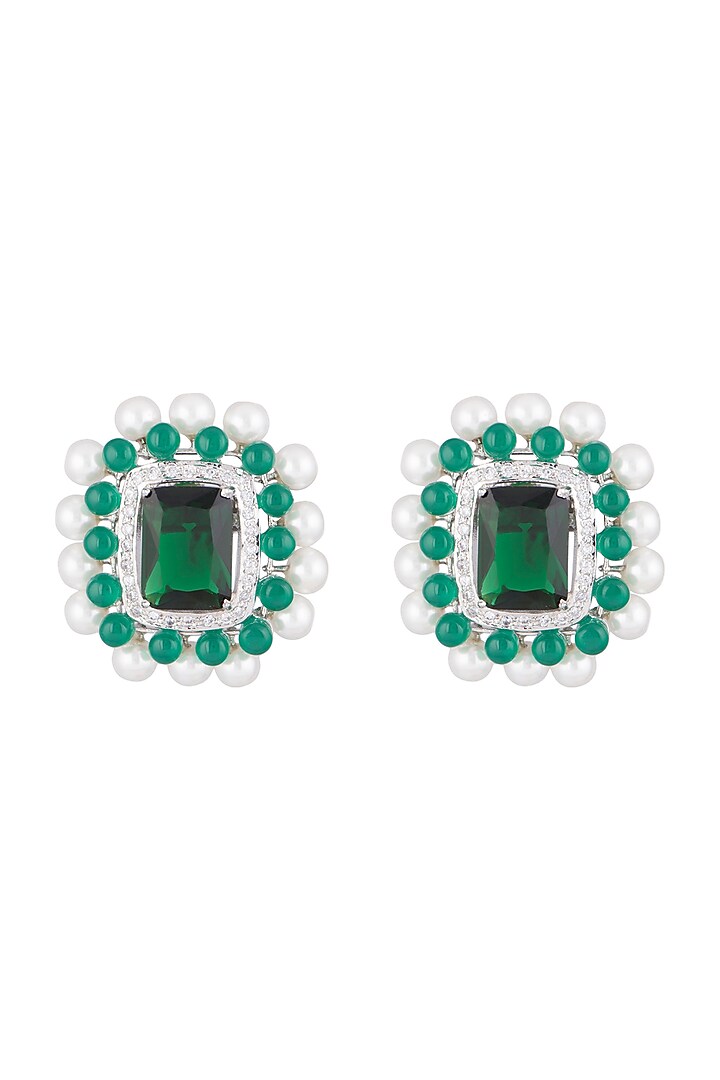 White Finish Faux Pearl, Diamond & Green Stone Stud Earrings by Aster at Pernia's Pop Up Shop