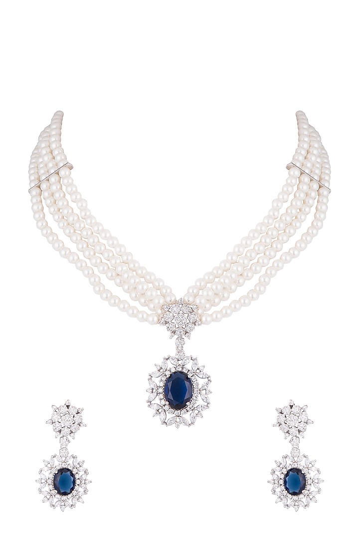 White Finish Faux Pearl, Diamond & Blue Stone Necklace Set With Bracelet & Ring by Aster at Pernia's Pop Up Shop