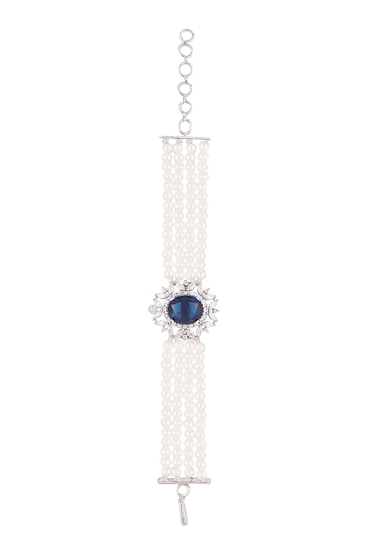 White Finish Faux Pearl, Diamond & Blue Stone Necklace Set With Bracelet & Ring by Aster at Pernia's Pop Up Shop