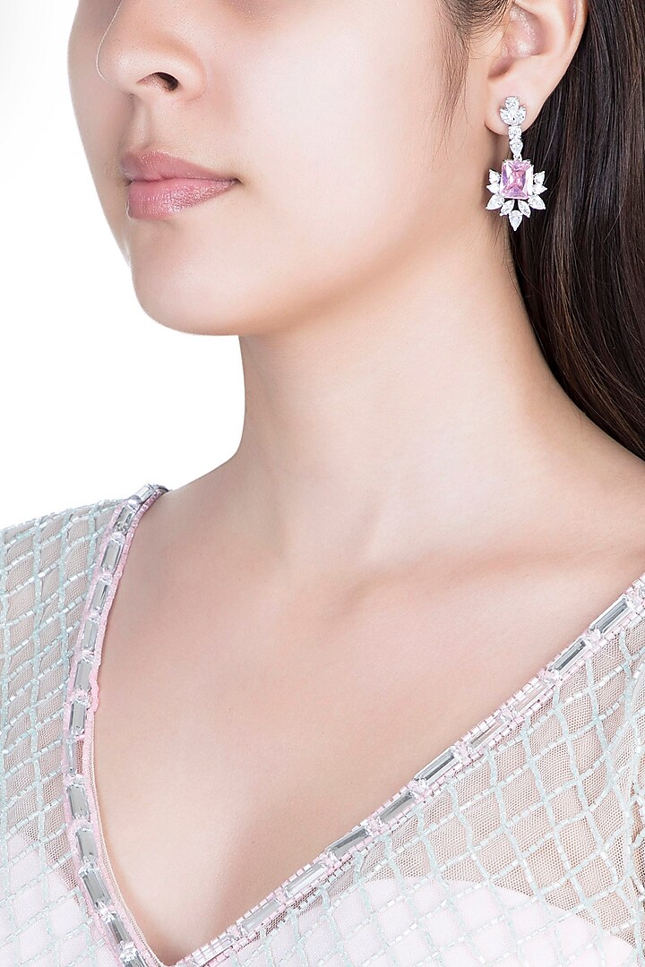 White Finish Faux Diamond & Pink Stone Earrings by Aster