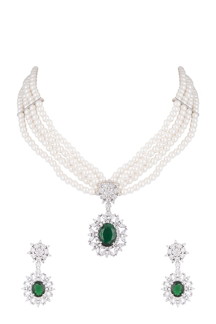 White Finish Faux Pearl, Diamond & Green Stone Necklace Set With Bracelet & Ring by Aster at Pernia's Pop Up Shop