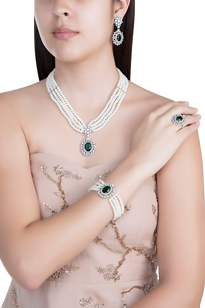 White Finish Faux Pearl, Diamond & Green Stone Necklace Set With Bracelet & Ring by Aster
