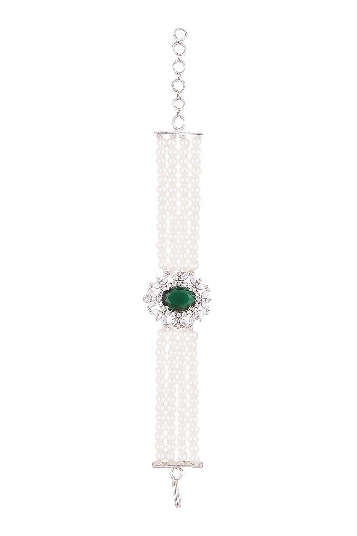 White Finish Faux Pearl, Diamond & Green Stone Necklace Set With Bracelet & Ring by Aster at Pernia's Pop Up Shop