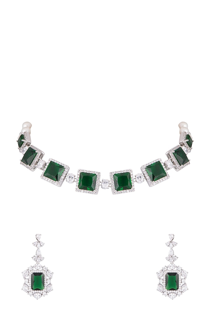 White Finish Faux Pearl, Diamond & Green Stone Choker Necklace Set With Ring by Aster at Pernia's Pop Up Shop