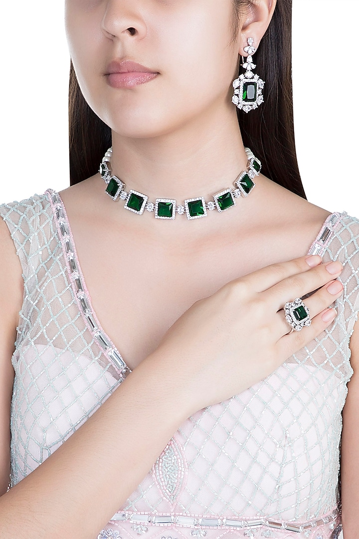 White Finish Faux Pearl, Diamond & Green Stone Choker Necklace Set With Ring by Aster