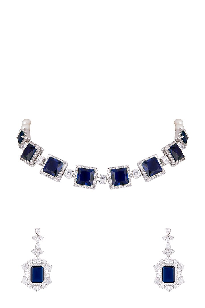 White Finish Faux Pearl, Diamond & Blue Stone Choker Necklace Set With Ring by Aster at Pernia's Pop Up Shop
