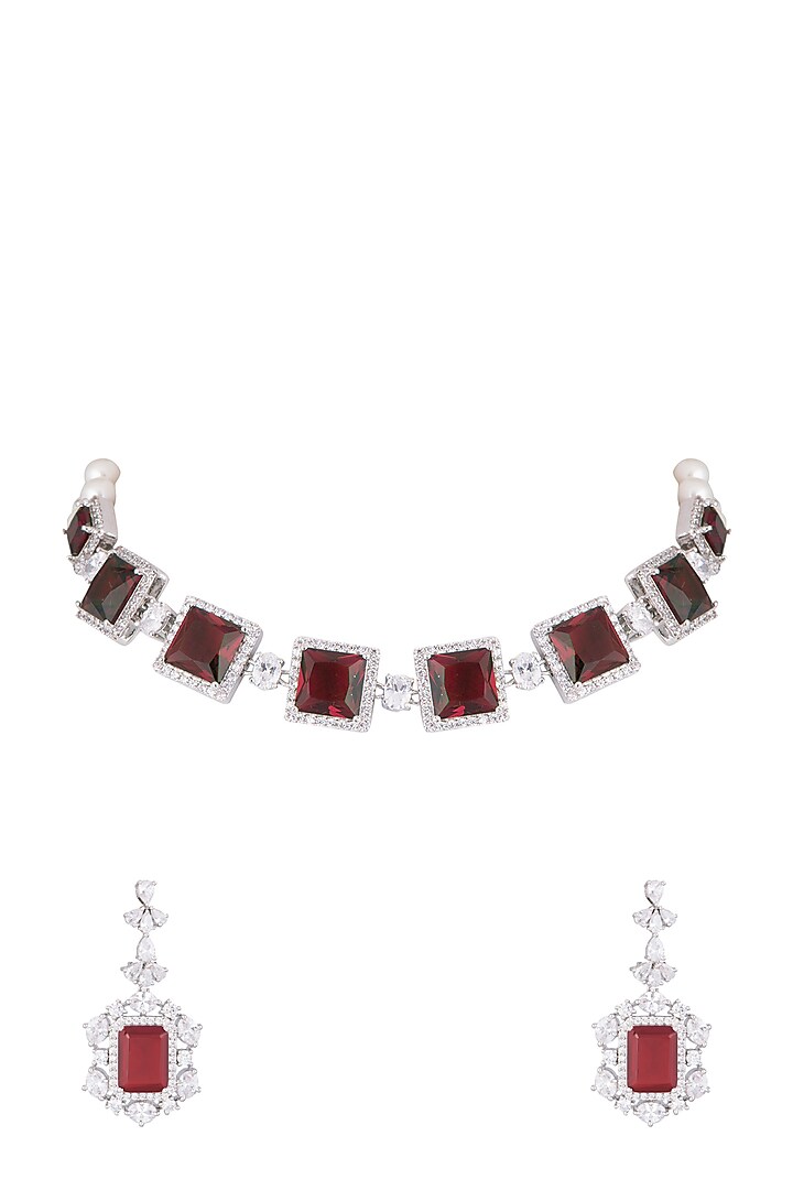 White Finish Faux Pearl, Diamond & Red Stone Choker Necklace Set With Ring by Aster at Pernia's Pop Up Shop