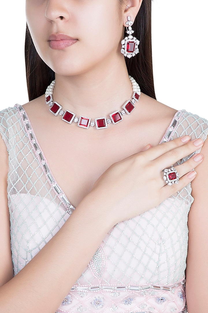 White Finish Faux Pearl, Diamond & Red Stone Choker Necklace Set With Ring by Aster