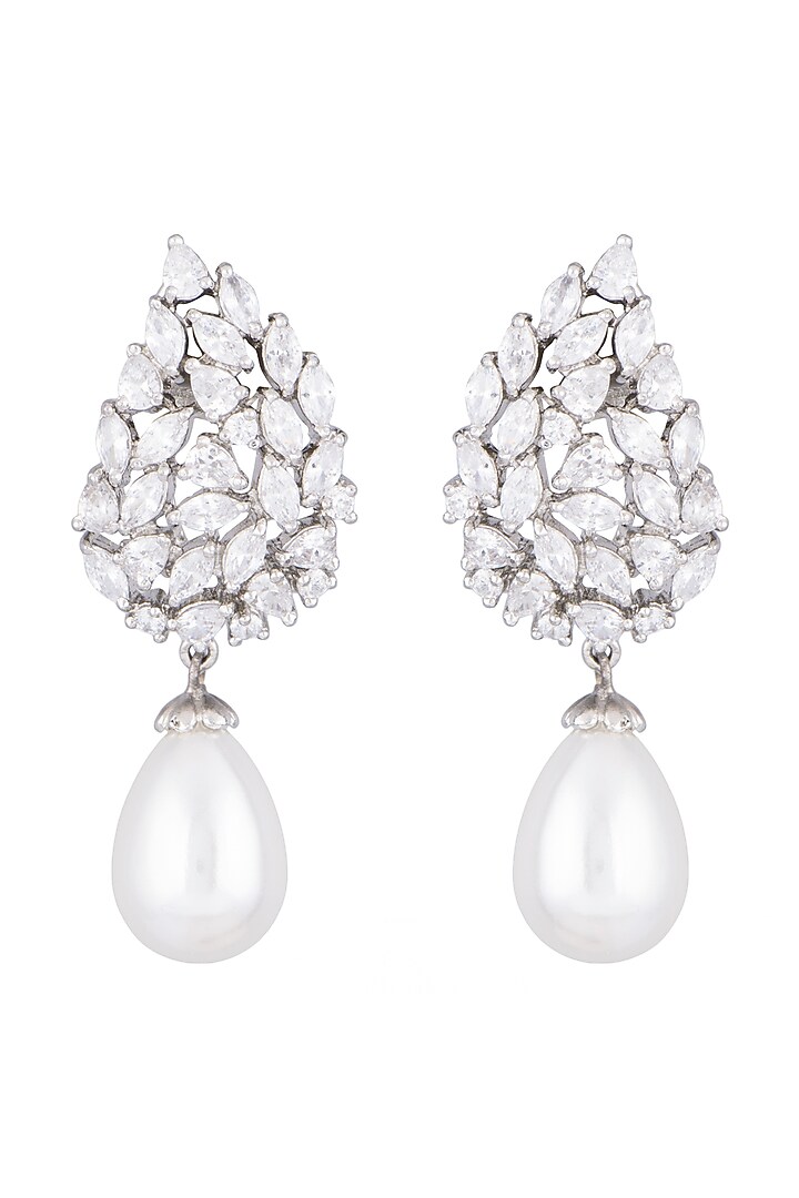 White Finish Faux Diamond & Pearl Drop Earrings by Aster at Pernia's Pop Up Shop