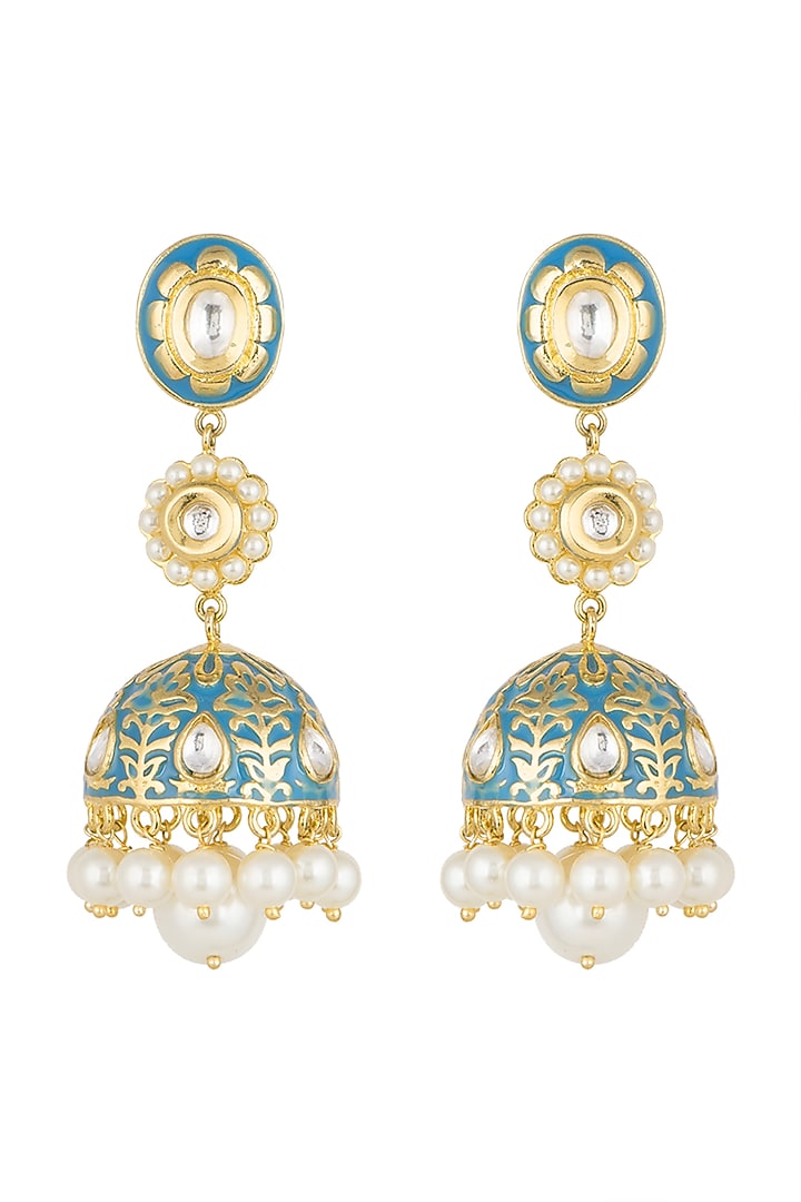 Gold Finish Enamled Faux Pearl & Kundan Jhumka Earrings by Aster at Pernia's Pop Up Shop